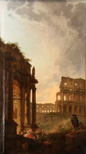 ローマのコロッセオとコンスタンティヌスの凱旋門の前の群れの通路 作： Hubert Robert